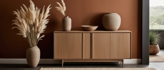 Stylish contemporary interior featuring a minimalist wooden sideboard with decorative vases and pampas grass. Warm, earthy tones create a modern and elegant aesthetic in a serene living space.