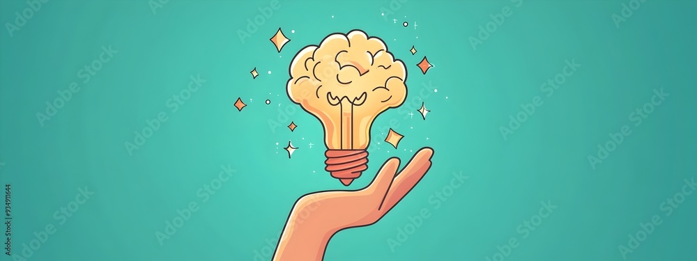 Poster illuminating idea - hand holding glowing light bulb symbolizing creative problem-solving. conceptual