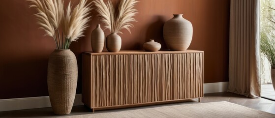 Stylish contemporary interior featuring a minimalist wooden sideboard with decorative vases and pampas grass. Warm, earthy tones create a modern and elegant aesthetic in a serene living space.