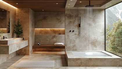 Modern domestic bathroom with clean marble bathtub and shower generated by AI