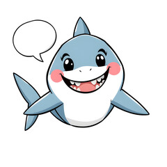 Happy shark and message bubble cartoon icon illustration on white background. Generative AI