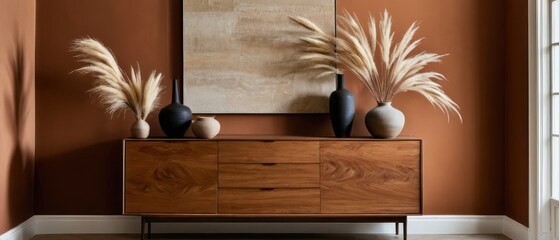 Stylish contemporary interior featuring a minimalist wooden sideboard with decorative vases and pampas grass. Warm, earthy tones create a modern and elegant aesthetic in a serene living space.