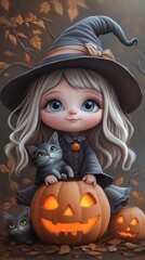 Charming witch girl with cats and pumpkin surrounded by autumn leaves, perfect for Halloween-themed designs and decorations.