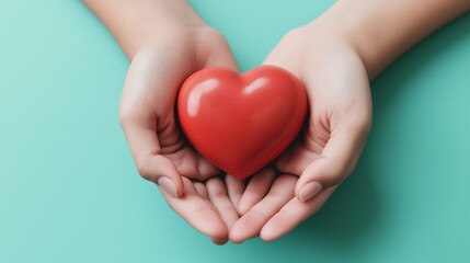 Fototapeta premium Two hands gently cradling a shiny red heart against a soft teal background during a moment of compassion or care.