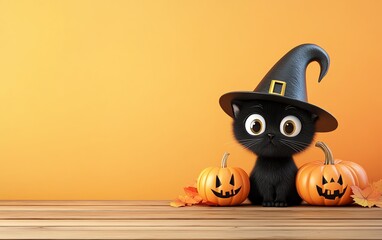 A cute black cat wearing a witch hat beside decorative pumpkins on a wooden surface against an orange backdrop.
