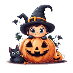 A cheerful witch girl with a black cat, playing by a carved pumpkin, perfect for Halloween themes and decorations.