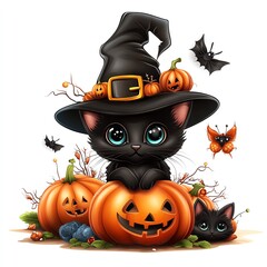 A cute black cat in a witch hat sits atop a carved pumpkin, surrounded by festive Halloween decorations and colorful butterflies.