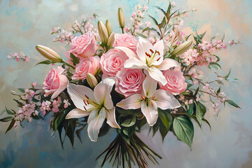 tulips pink flowers bouquet. A beautiful arrangement of mixed roses and lilies in soft pastel colors, set against a clean, light background