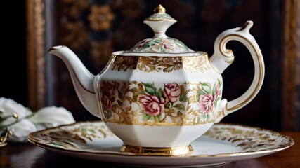 A charming vintage tea set from the Victorian era, adorned with delicate floral patterns and intricate gold trimmings, evoking a sense of elegance and nostalgia.