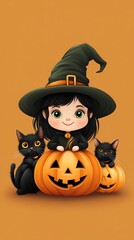 A cute witch with a green hat, sitting on a pumpkin with two black cats, perfect for Halloween themes and decorations.