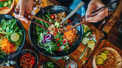  Close-up of female hands using chopsticks to eat Thai food, including salads and wok dishes, from a top view, showcasing a variety of Asian cuisines including Chinese and Vietnamese.