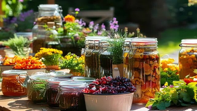 Colorful preserved fruit and veggies in glass jars on a rustic outdoor table under the summer sun, bursting with organic goodness and vibrant flavors