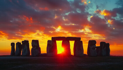 Ancient stone monument in dramatic twilight sky reflection generated by AI