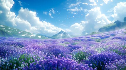 Obraz premium Lavender Field with Mountain Peak and Falling Petals
