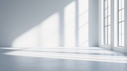 Fototapeta premium Sunlight Streaming Through a Corner Window: A minimalist interior design concept showcasing a bright, airy space with natural light illuminating the room through a large corner window.