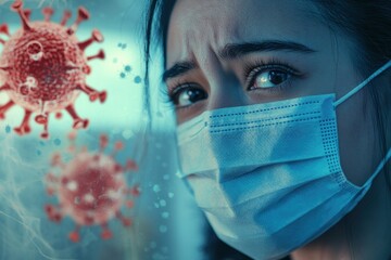 A close-up of a person wearing a face mask and looking concerned, with an overlay of virus icons and warning signs, highlighting the awareness of monkeypox