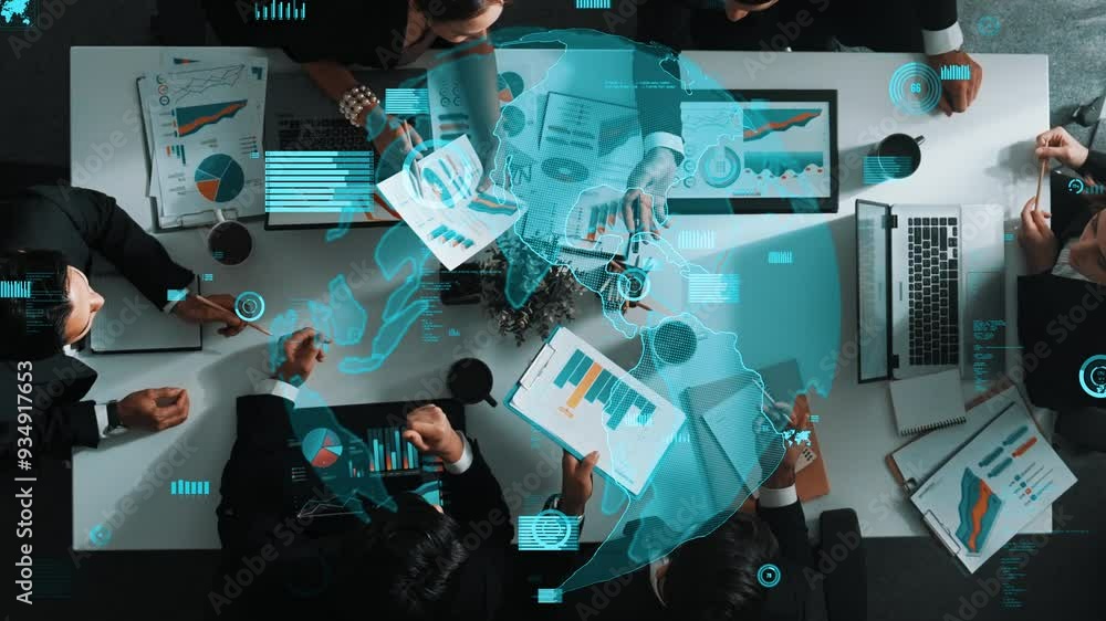 Aufkleber top down aerial view of skilled businessman pointing communication strategy at whiteboard while inve