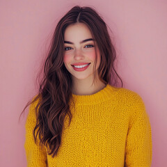 Fototapeta premium Smiling young brunette woman girl in yellow sweater
