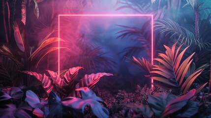 Fototapeta premium An artistic illustration of a neon-lit frame enveloped by diverse tropical leaves, emphasizing the beauty of botanical elements.
