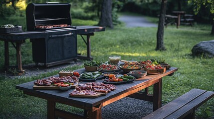 A picnic table full of fresh food and a grill in the background.