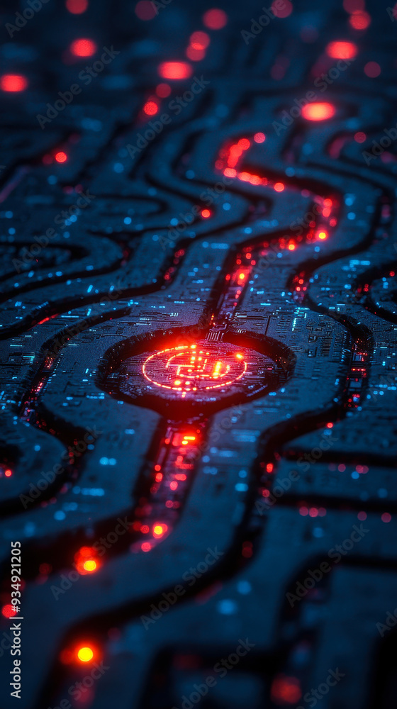 Poster maze-like circuit board pathways with glowing red data lines representing complex data processing an