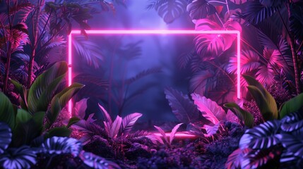 A detailed 3D illustration of a neon frame with intricate foliage designs, illuminated with a soft neon glow, adding a touch of elegance to any composition.