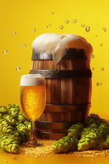 Wooden Beer Barrel with Foamy Pint of Lager and Fresh Hops
