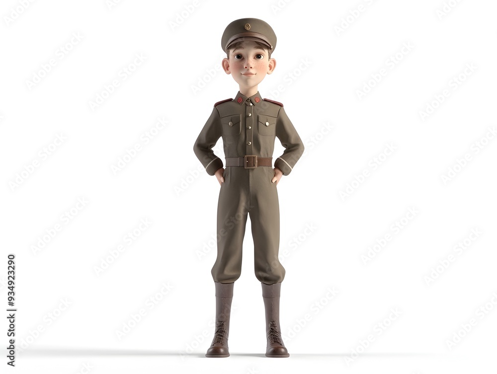 Poster historically accurate 3d animated boy in historian uniform standing centered on white background dig