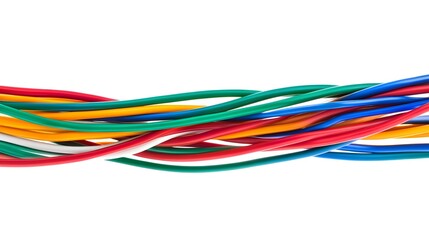 Multiple colorful wires intertwine against a clean white background, highlighting their vibrant hues and distinct textures for artistic displays