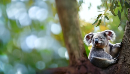 Fototapeta premium コアラ ユーカリ 木 自然 野生 動物 オーストラリア マースピアル 葉 枝 環境 保護 絶滅危惧種 可愛い 登る 森林 平和 静けさ 見つめる 居心地