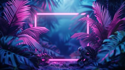 A neon frame surrounds a tropical oasis, with neon palm leaves rustling in the wind, creating a serene and peaceful environment.