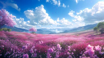 Fototapeta premium A Field of Pink Flowers Under a Blue Sky with White Clouds and Pink Petals Falling