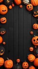 A festive Halloween background featuring various carved pumpkins on a dark wooden surface, perfect for spooky celebrations.