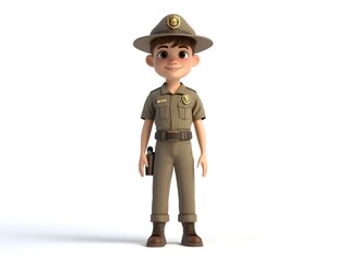 3D animated full body boy character wearing a park ranger uniform standing at the center and isolated on a plain white background with no shadow  The character represents the profession service