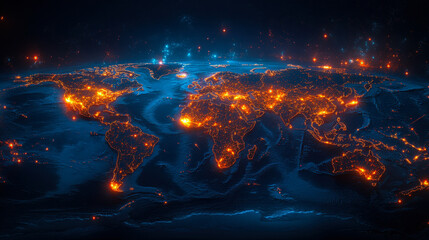 Global Shipping Network Map with Highlighted Trade Routes and Connections, Illuminated World Map Showing International Logistics, Commerce, and Transportation Pathways