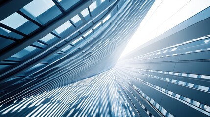 Urban Ascent: Modern skyscrapers converge towards a bright sky, symbolizing ambition and progress in the corporate world. 