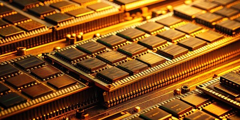 Golden threads weave through intricate patterns of digital memory, evoking a sense of nostalgia and timelessness as the past whispers secrets to the present.