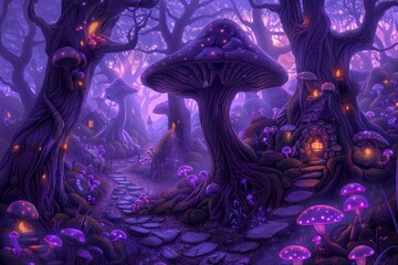Obraz premium A delightful scene in Wonderland with a magical forest. The landscape is filled with whimsical trees, glowing flora and an ethereal atmosphere that captures the essence of a fantastical world.