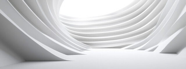 Abstract white interior with curved walls and a circular opening.