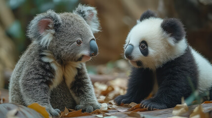 Obraz premium Adorable Koala and Panda Cub Playful Meeting in Forest Setting, Cute Animal Interaction, Nature Wildlife Theme