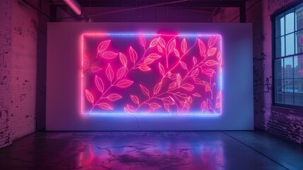 A neon light installation featuring leafy branches, designed to serve as a decorative frame in a modern interior setting.