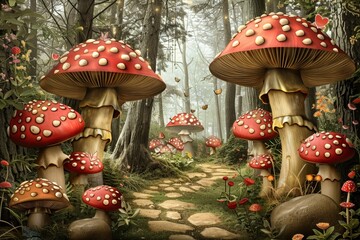 A delightful scene in Wonderland with a magical forest. The landscape is filled with whimsical trees, glowing flora and an ethereal atmosphere that captures the essence of a fantastical world.