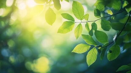 Sun-Kissed Serenity: Fresh green leaves glow in the warm sunlight, a tranquil nature scene full of life and vibrancy. 