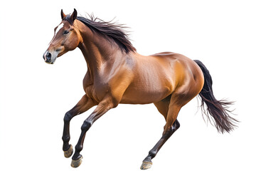 Obraz premium Dynamic brown horse galloping in full motion with a glowing coat, showcasing strength and speed on a transparent background.