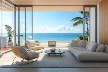 Stunning Beachfront Living Room View with Modern Furniture and Clear Blue Sky