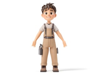Detailed 3D rendering of a young male web developer character in a professional uniform standing at the center and isolated on a clean white background