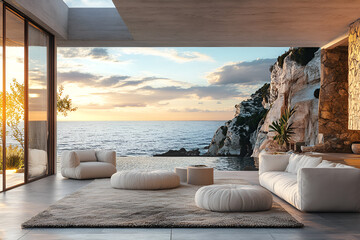 Villa beautiful home design and decor concept open view cozy contemporary living room area with natural sun light warm and cozy atmosphere home showcase design background