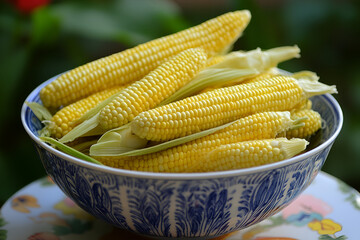 fresh yellow baby corn in wooden bowl healthy vegetable closeup food photography