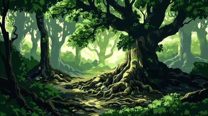Lush Forest Undergrowth With Sunlight Peeking Through Tree Canopy
