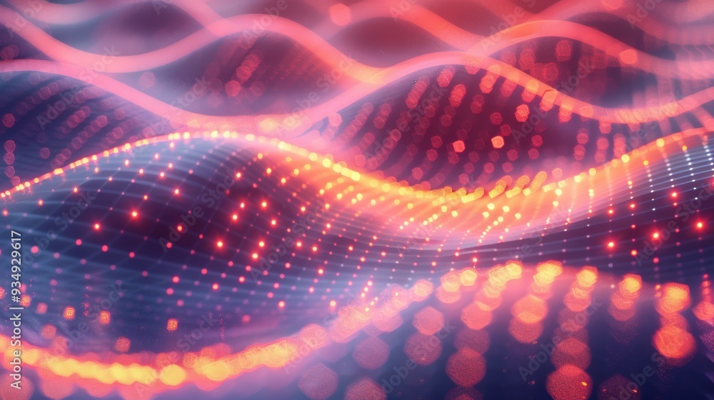 Poster Colorful abstract waves with glowing dots create a dynamic visual effect in a digital representation of sound or data